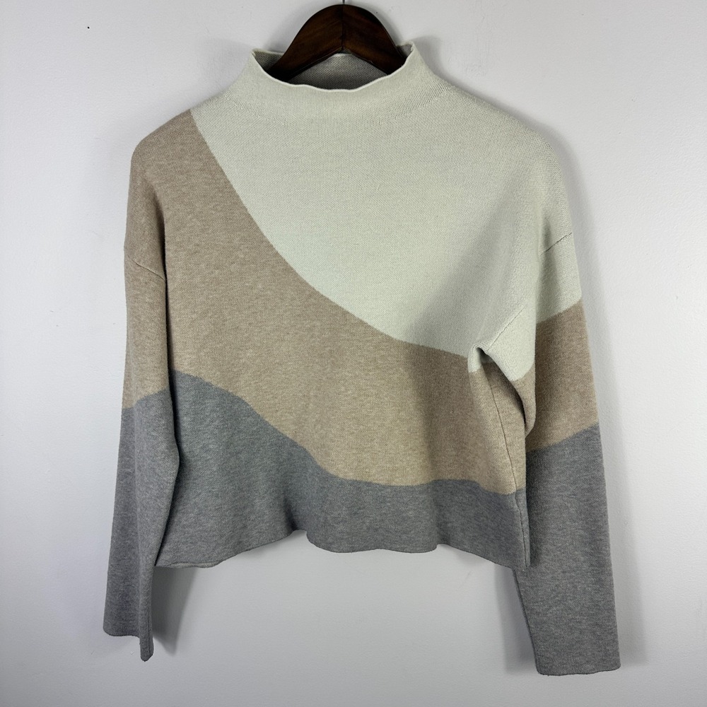 Rachel Zoe Mock Neck Sweater Womens Large Neutral Colorblock Clean Girl Minimal